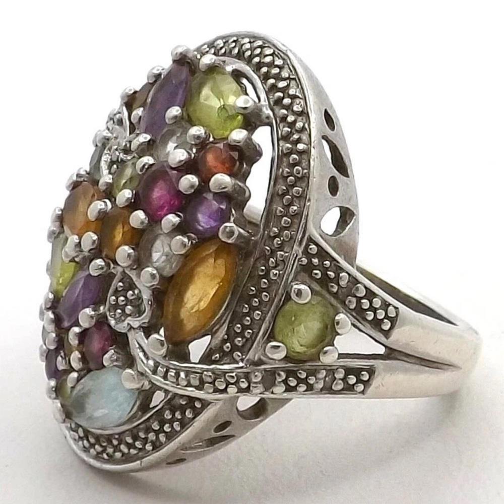 Vintage Sterling Silver Multi Gemstone Diamond Cocktail Artisan ring size 7